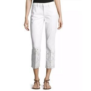 Tory Burch Mateo Scalloped Cropped Eyelet-Hem Jeans in White